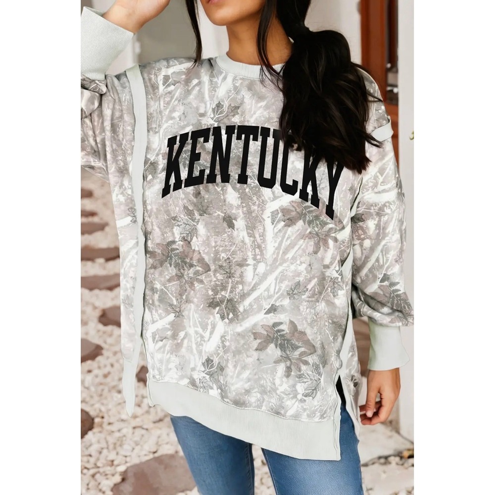 Kentucky Oversized Crewneck Sweatshirt Camo Leaf Print Boutique Pullover Gray‎